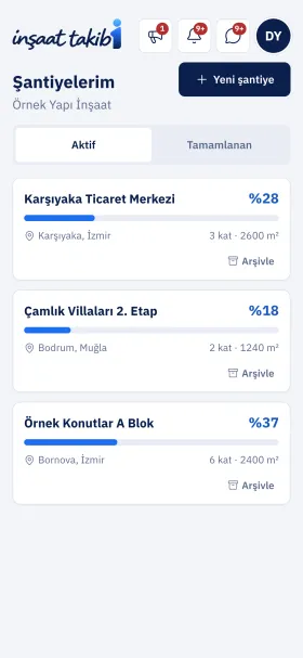 İnşaat Takibi ekranları (örnek veri): web’de firma ana sayfası — günlük kayıt durumu, onay bekleyenler, şantiyeler ve son harcamalar; telefonda şantiye listesi ve ilerleme yüzdeleri